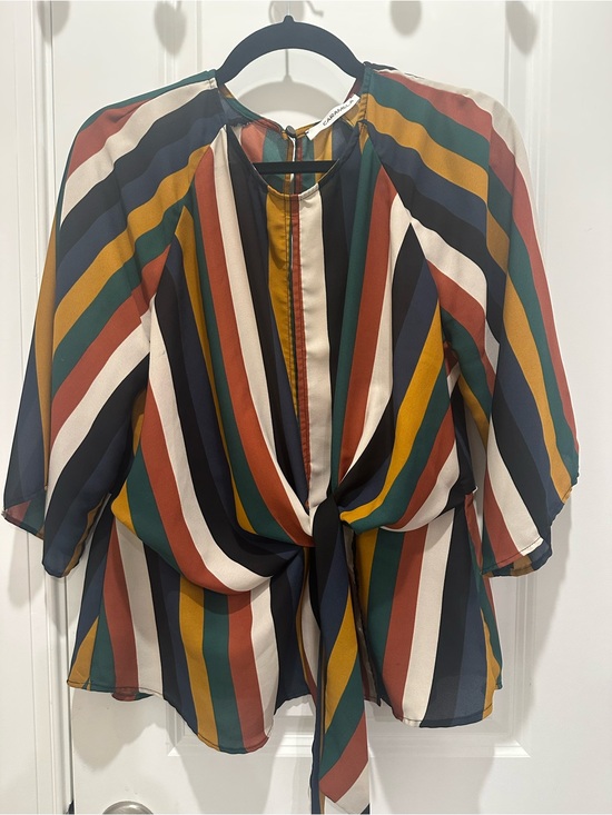 Caramel Tops - Caramel Multi-Color Striped Tie-Front Blouse